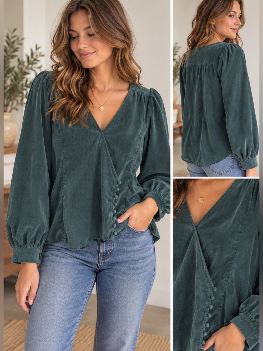 Madewell Kinston Green Side Button Corduroy Wrap Top Size Small